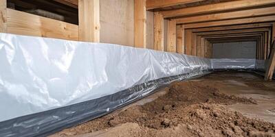 The image shows a vapor barrier in a crawl space, which is essential for preventing moisture buildup and protecting the structure from dampnessrelated issues, ensuring longterm integrity photo