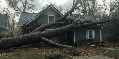 A massive tree has fallen on a house following severe weather conditions, causing significant damage and requiring immediate response efforts photo