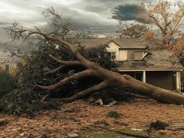 A massive and imposing tree has fallen on a house, dramatically highlighting the extensive destruction caused by a powerful storm and emphasizing the impact of severe, unpredictable weather patterns photo