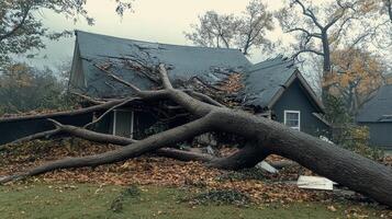 A large tree leaning on a house symbolizes the severe consequences of extreme weather, highlighting the urgent need for effective storm clearance and strong disaster response measures photo