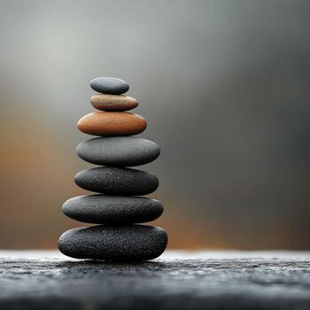 equilibrado piedras arreglado en un torre en contra un borroso antecedentes foto