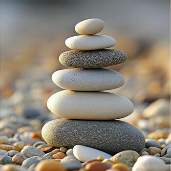 Stacked stones create a tranquil balance on a pebbled beach photo