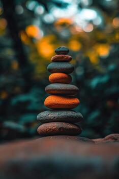 Stacked stones creating a balanced tower in a serene outdoor setting photo