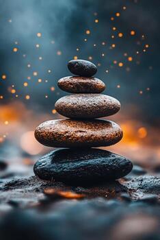 Stacked stones create a tranquil focal point in a calming environment photo