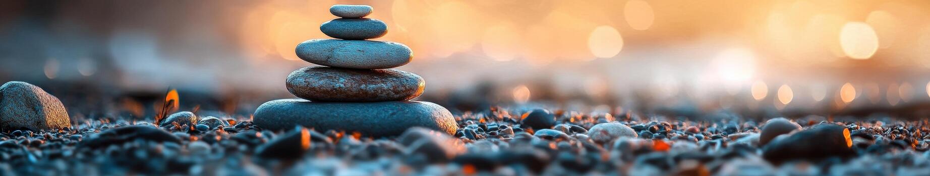 apilado piedras crear un tranquilo escena por el agua a puesta de sol foto