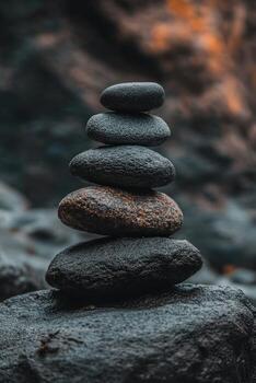 Stacked stones balancing on a rocky surface in a tranquil outdoor setting photo