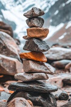 Stacked stones create a balanced structure at a mountain location photo