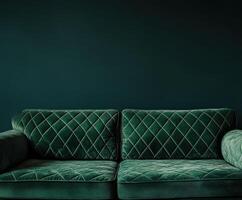 Elegant green velvet couch set against a dark wall in a cozy living space photo