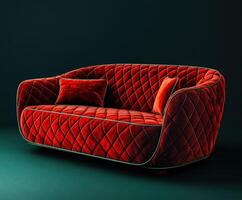Stylish red velvet sofa with unique design in a minimalist setting photo