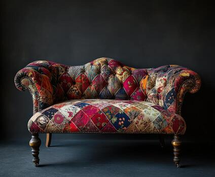 vibrante Clásico sofá exhibiendo vistoso labor de retazos diseño en estudio ajuste foto