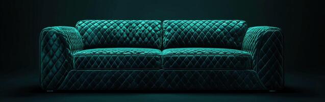 Elegant teal velvet couch with diamond pattern in modern setting photo