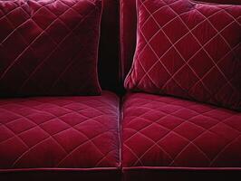 Luxurious red velvet couch with diamond pattern cushions in cozy setting photo