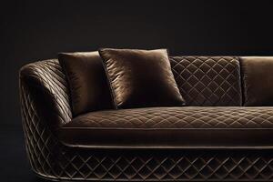 Elegant brown velvet sofa with plush cushions in minimalistic design photo