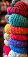 Vibrant knitted caps stacked warmly in a cozy shop photo