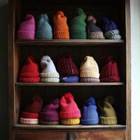 Colorful handmade beanies displayed on a wooden shelf in a cozy setting photo