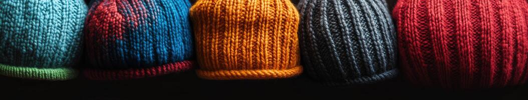 Colorful knitted hats displayed in a row during a winter evening photo