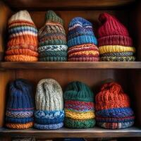 Colorful hand-knit hats neatly displayed on a wooden shelf in winter photo