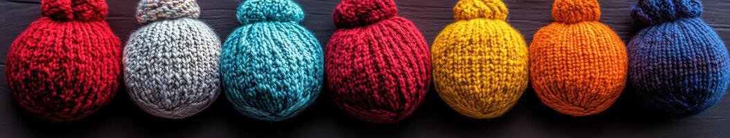 Colorful knitted hats arranged neatly on a dark wooden surface photo