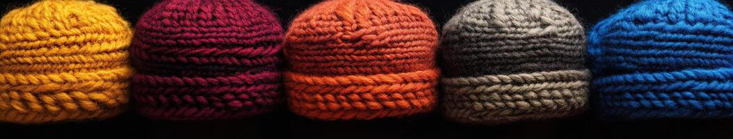Colorful knitted hats arranged in a row on a dark background photo