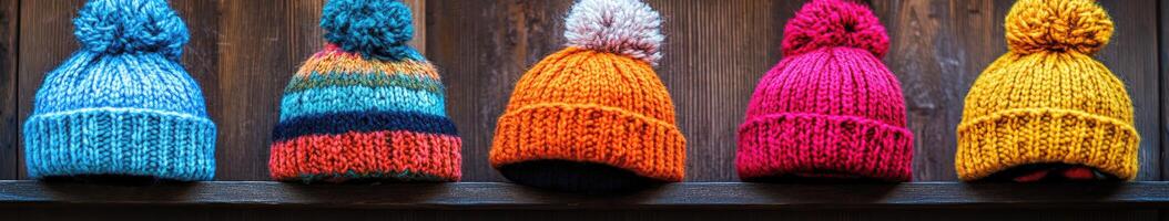 Cozy knitted hats in vibrant colors displayed on a wooden backdrop photo