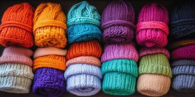 Colorful knitted hats arranged in a a cozy display at a craft market photo