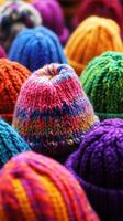 Colorful knitted hats displayed at a local market during autumn season photo