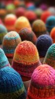 Colorful knitted hats displayed at a craft market during a sunny day photo