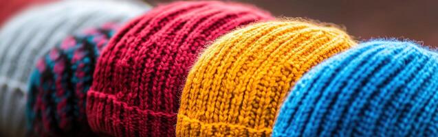 Colorful knitted hats arranged in a vibrant display on a rustic background photo