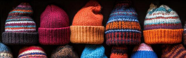 Colorful knitted hats displayed in a cozy environment during winter season photo