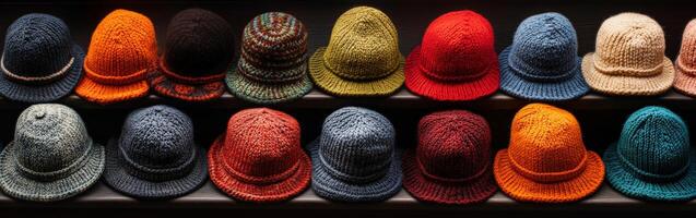 Colorful handmade hats displayed neatly on shelves in a cozy shop photo