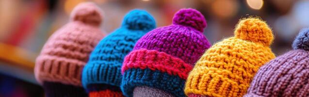 Colorful knitted hats displayed at a bustling market during winter season photo