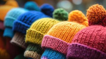 Colorful knitted hats on display at a vibrant market in autumn photo