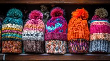 Colorful knitted hats displayed on a wooden shelf in a cozy market photo