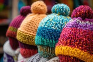 Colorful knitted hats displayed at a market stall in fall photo