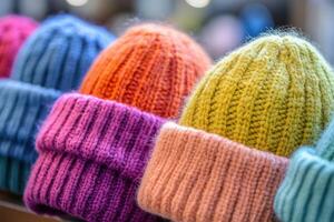 Colorful knitted hats displayed for sale at a winter market in the city photo