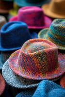 Colorful hats displayed in a market for fashion and style lovers photo