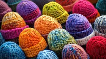 Colorful collection of knitted hats displayed at a craft fair in autumn photo
