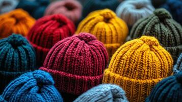 Colorful knit hats arranged in a vibrant display at a local market photo