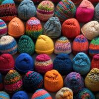 Colorful hand-knit winter hats displayed in an organized pattern photo