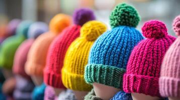 Colorful knitted hats displayed at a market stall in winter season photo