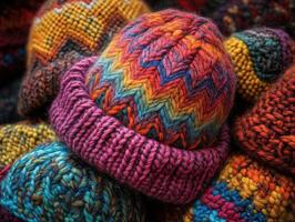 Colorful knitted hats displayed in a vibrant market setting photo
