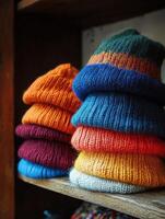 Colorful collection of knitted hats displayed on wooden shelf photo