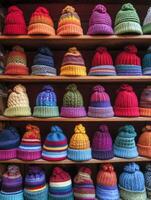 Colorful display of hand-knitted hats for sale in a cozy shop photo