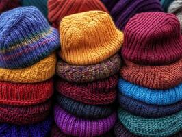 Colorful knitted hats stacked together at a market during winter photo