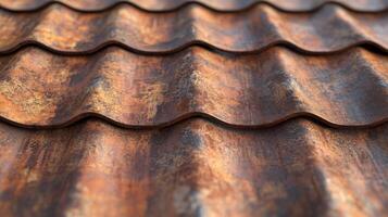 Close-up view of textured metallic roof shingles showing rust patterns photo