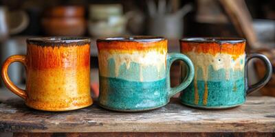 Unique handcrafted ceramic mugs in vibrant colors displayed on a wooden table photo