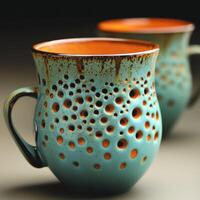 Ceramic mugs with intricate perforated designs showcase craftsmanship in pottery photo