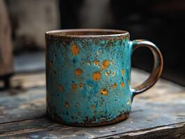 Unique ceramic mug with blue and orange patterns resting on an old wooden table photo