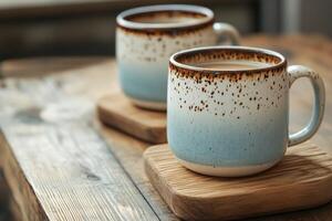 Warm drinks in rustic mugs on a wooden table in cozy setting during morning photo