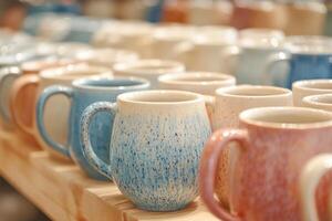 Colorful handmade ceramic mugs displayed on wooden shelves in a studio photo